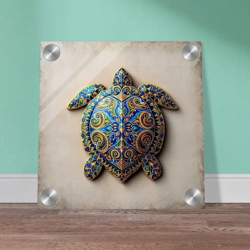 Ornate turtle wall art acrylic print with intricate shell patterns from PixiOnyx