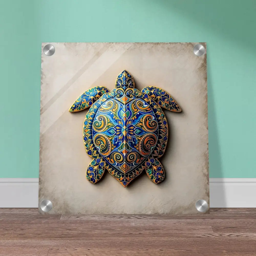 Ornate turtle wall art acrylic print with shell patterns for home decor and rainforest theme