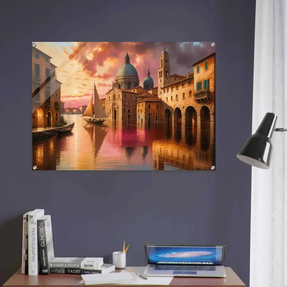 Venetian Reverie cityscape painting with depth meets brilliance beneath polished acrylic display