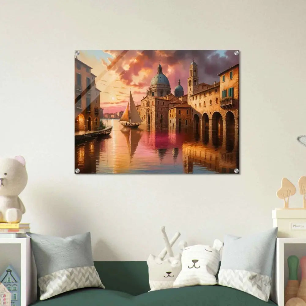 Venetian Reverie acrylic print showcasing a Venetian-style canal scene at sunset beneath polished acrylic with depth meets brilliance