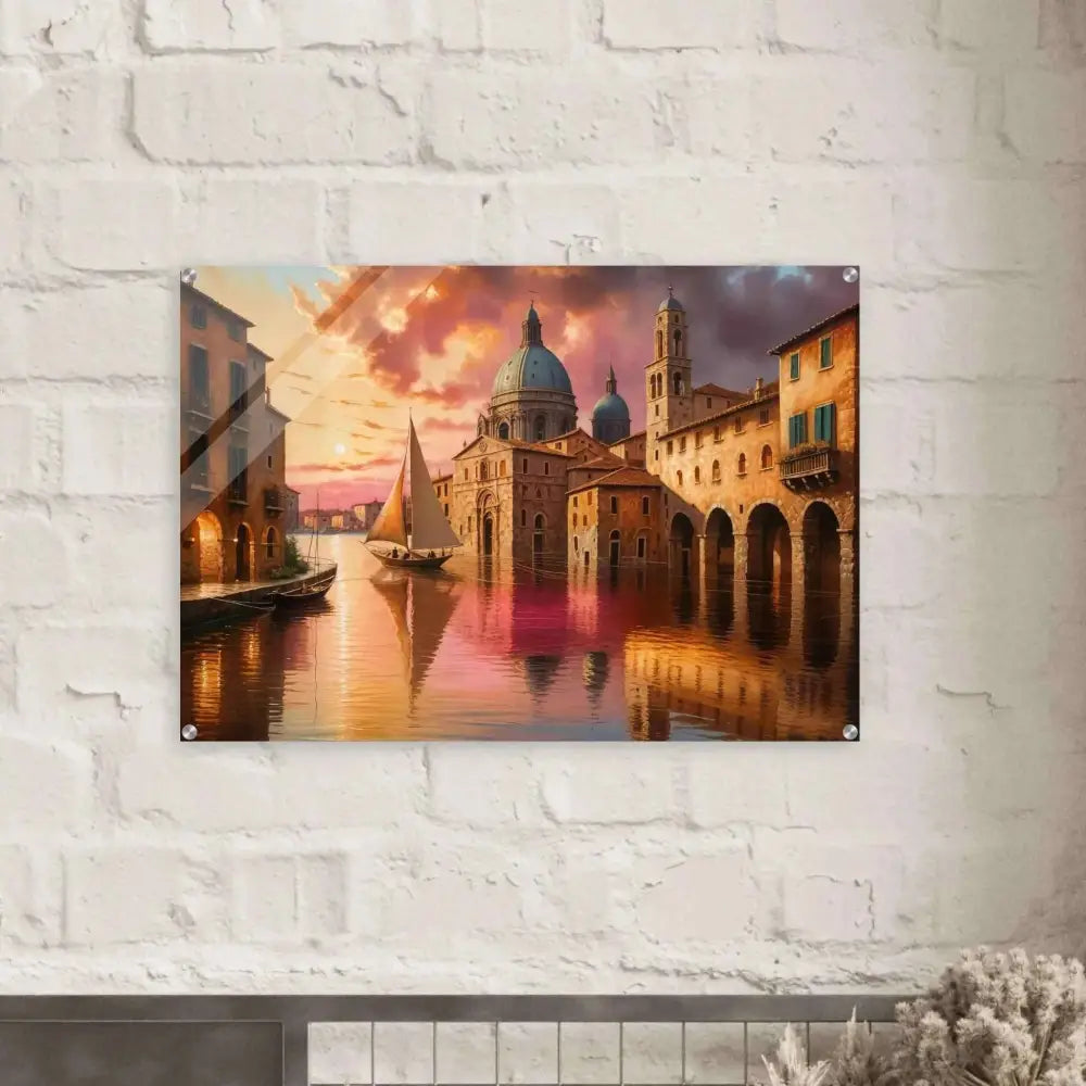 Acrylic print Venetian Reverie showcasing vibrant European town scene beneath polished acrylic