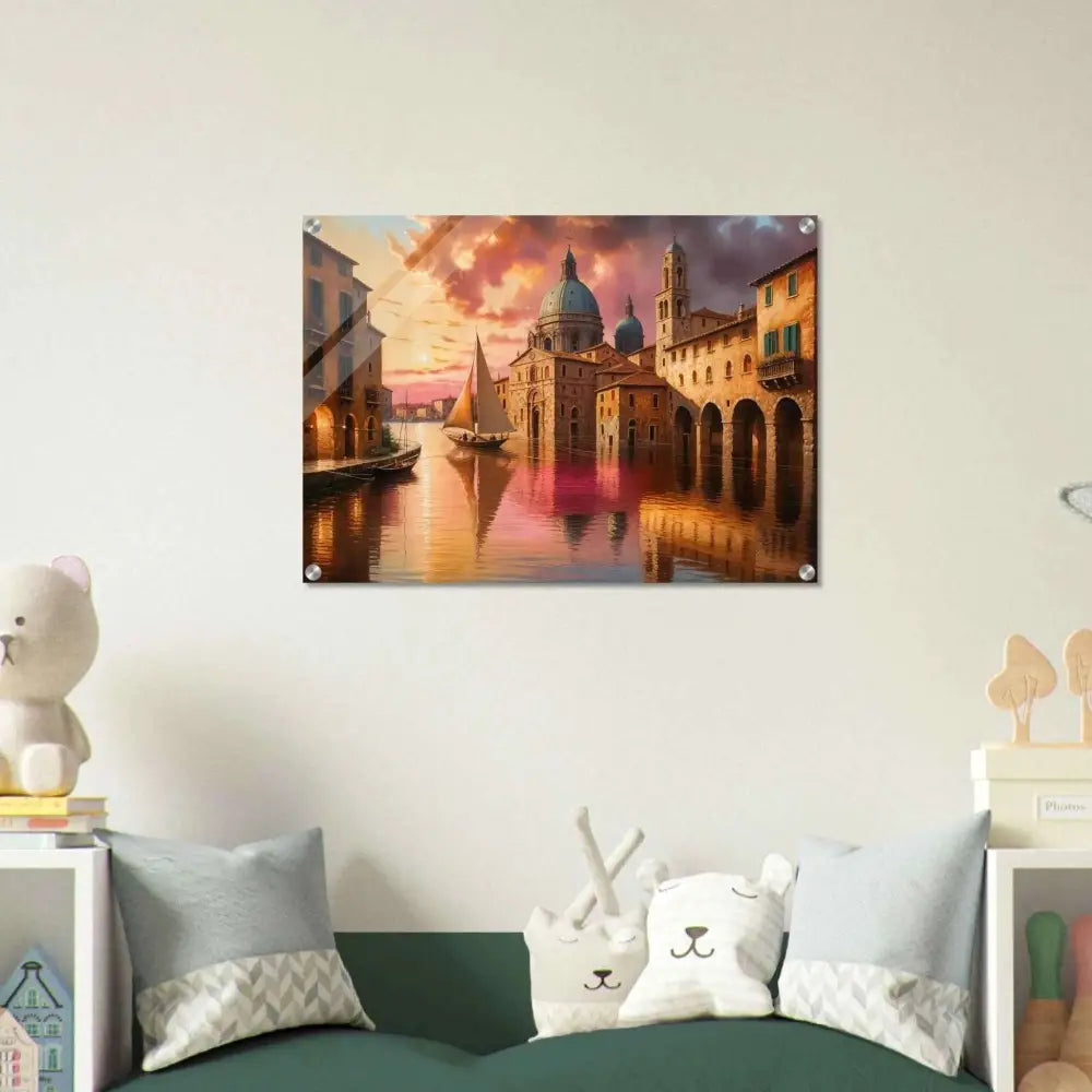 Venetian Reverie acrylic print showcasing a European canal city at sunset beneath polished acrylic