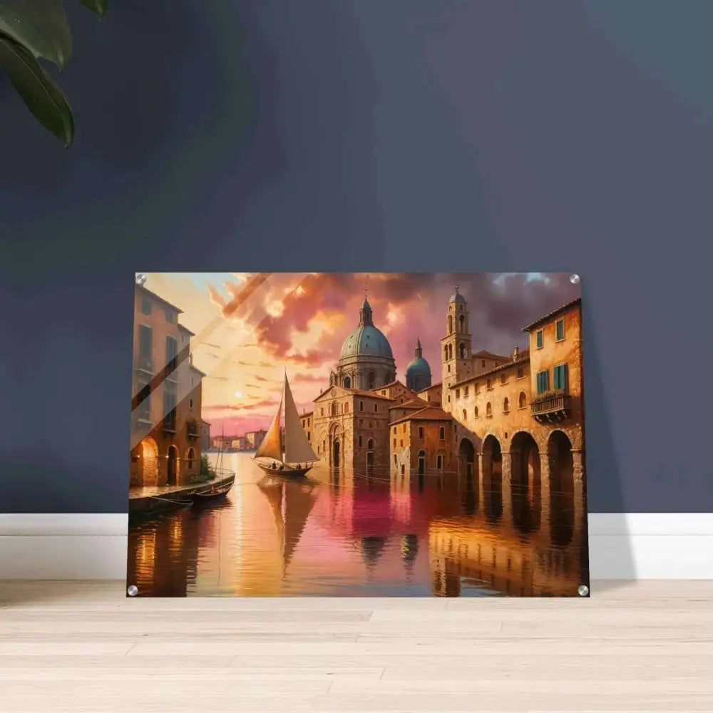 Acrylic print Venetian Reverie showcasing a European town with canals, boats, and sunset beneath polished acrylic