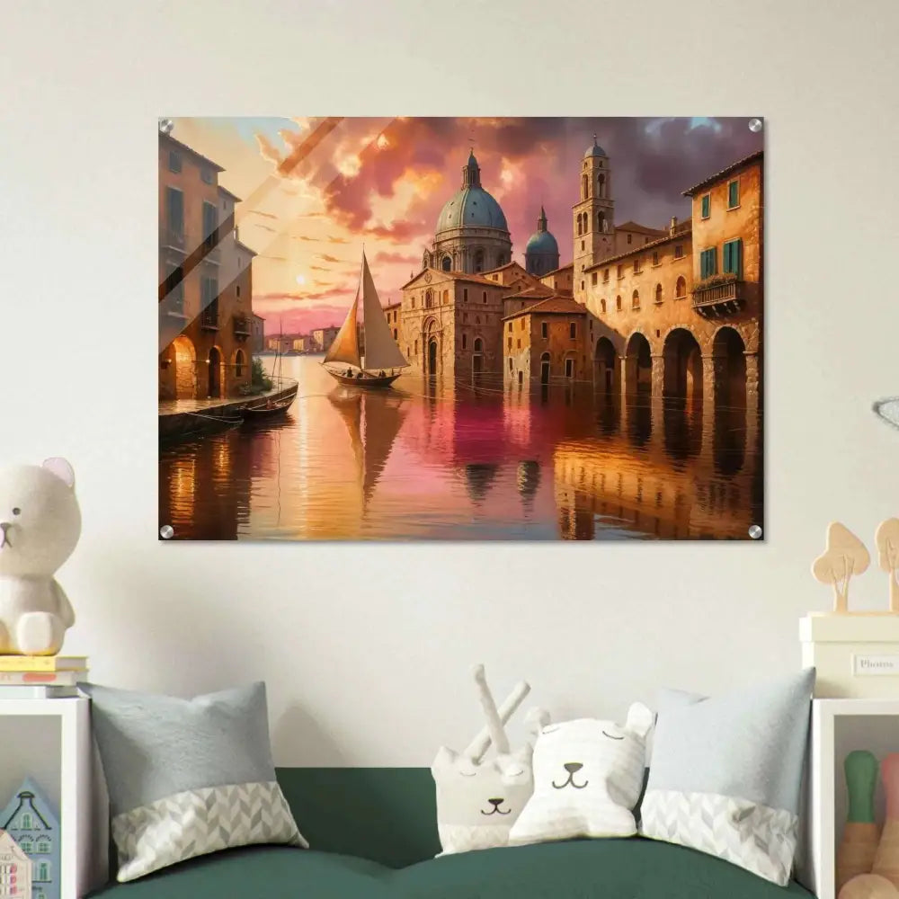 Acrylic print of Venetian Reverie canal scene at sunset showcasing depth meets brilliance beneath polished acrylic