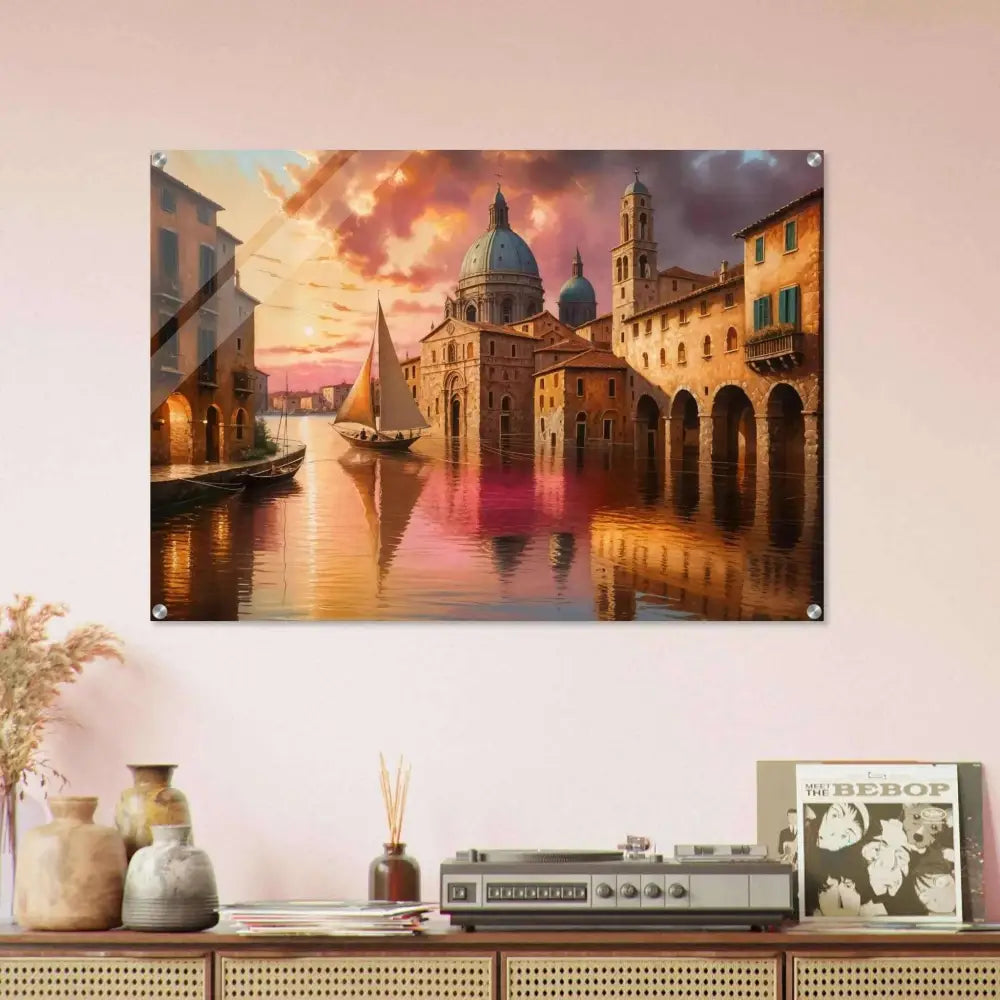 Venetian Reverie acrylic print showcasing a Venetian-style canal scene at sunset beneath polished acrylic with depth meets brilliance