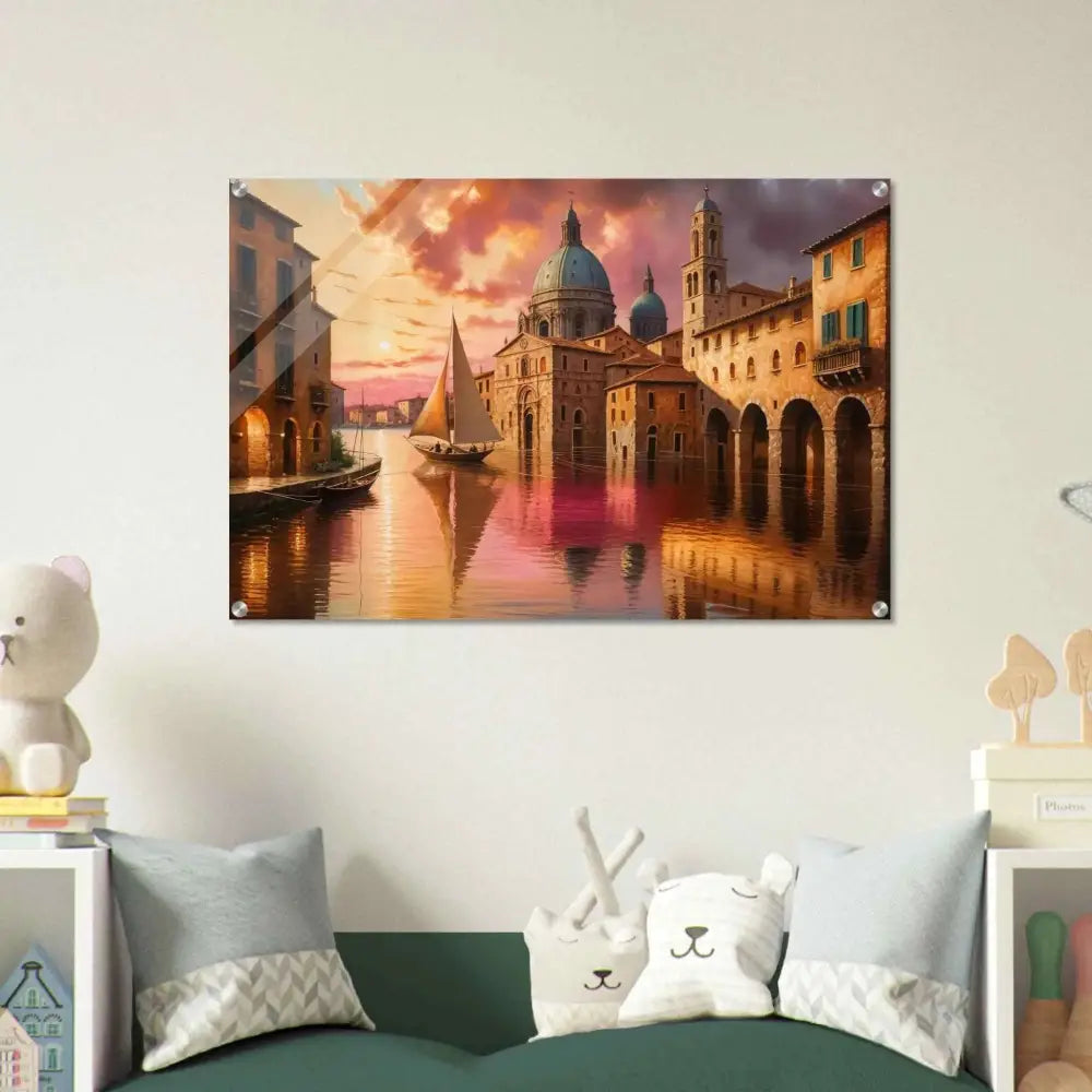 Venetian Reverie colorful landscape painting beneath polished acrylic in PixiOnyx Crystal Dream Display