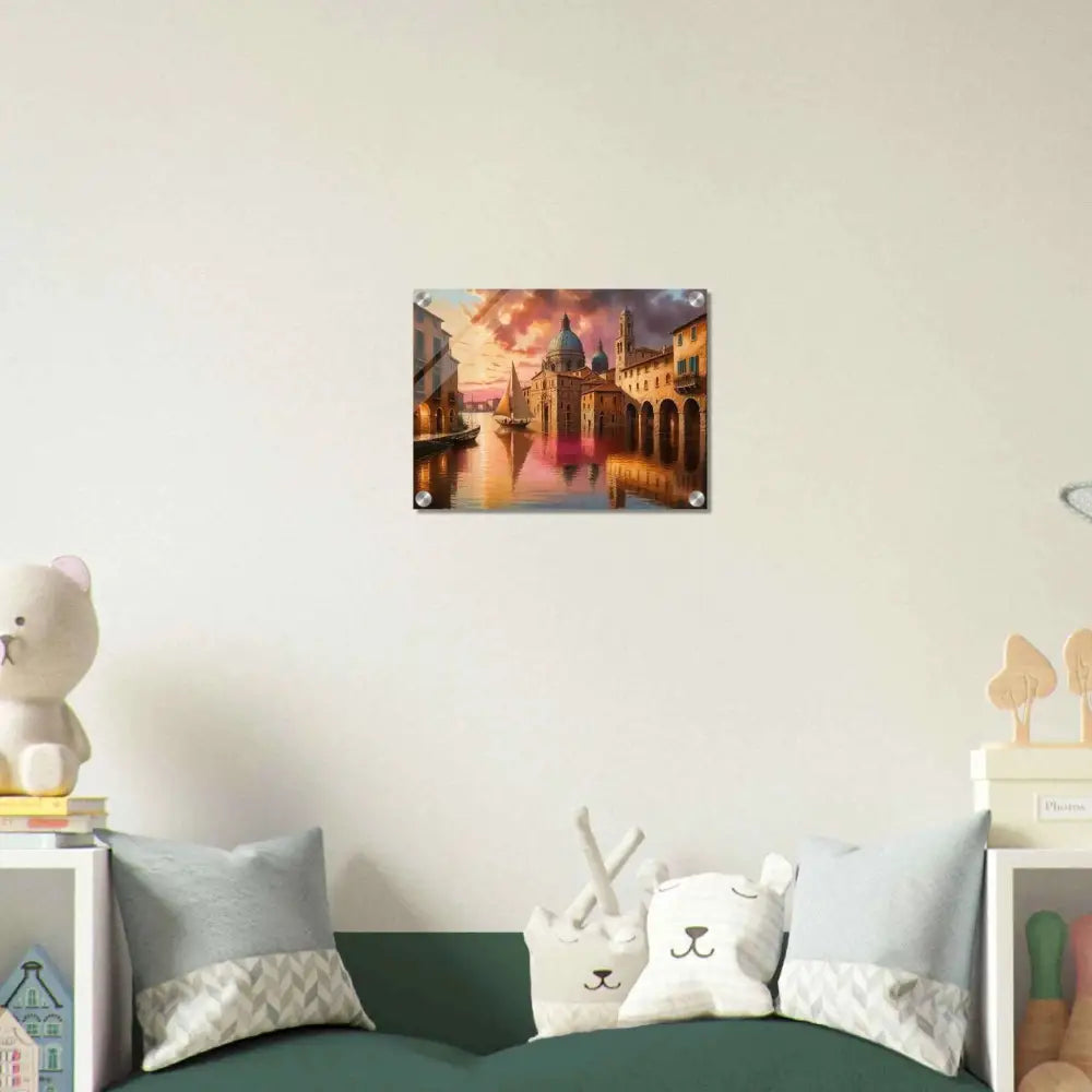 Venetian Reverie acrylic print showcasing a scenic European canal city beneath polished acrylic