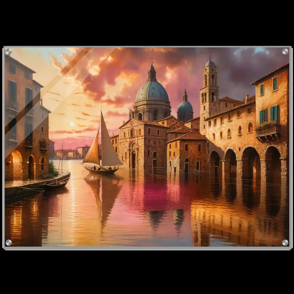 Venetian Reverie acrylic print showcasing sunset canal city with sailboats and domed buildings beneath polished acrylic