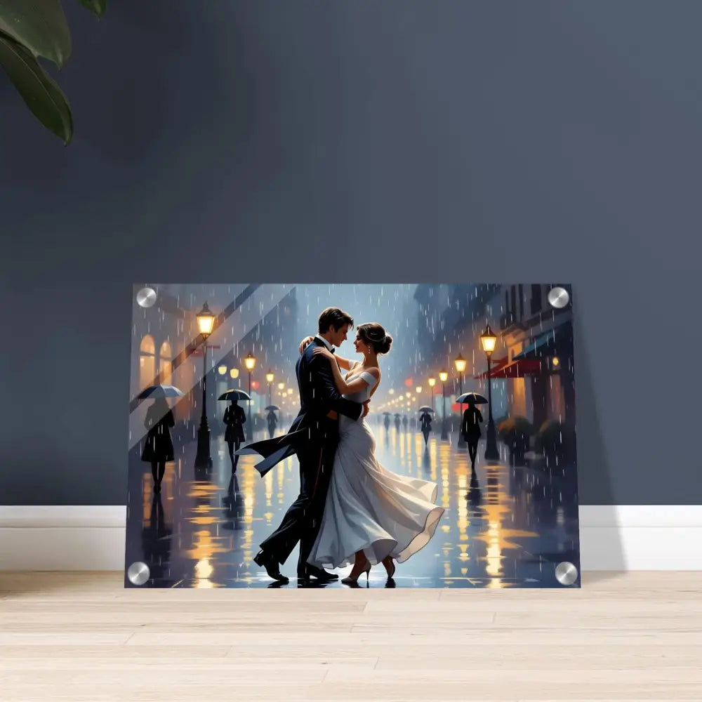 Rainy street dance scene acrylic print from Waltz in the Rain collection by PixiOnyx