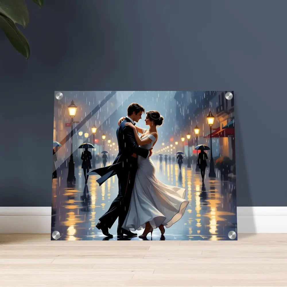 Acrylic print of a dancing couple in the rain titled Waltz in the Rain by PixiOnyx