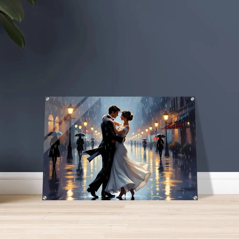 Acrylic print of a couple waltzing in the rain showcasing PixiOnyx crystal clarity