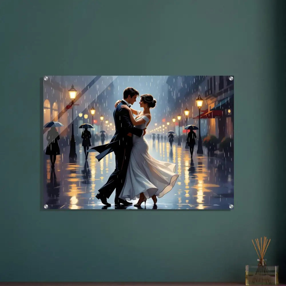 Romantic couple dancing in rain painting on Acrylic Print Waltz in the Rain by PixiOnyx