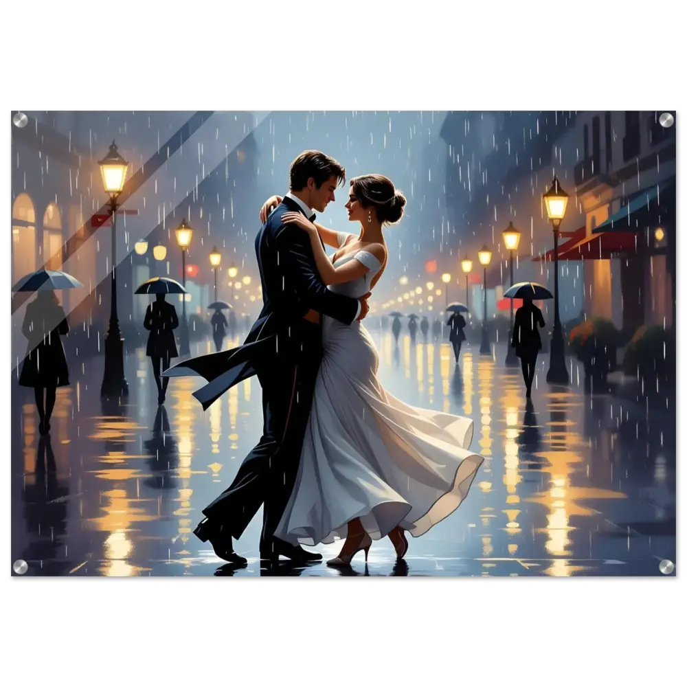 Romantic couple dancing in the rain acrylic print Waltz in the Rain by PixiOnyx Crystal Clarity