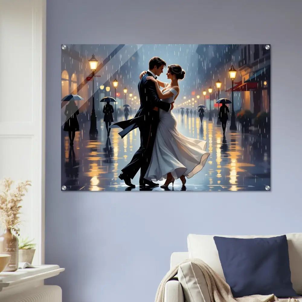 Romantic couple dancing in the rain artwork on PixiOnyx Acrylic Print with crystal clarity