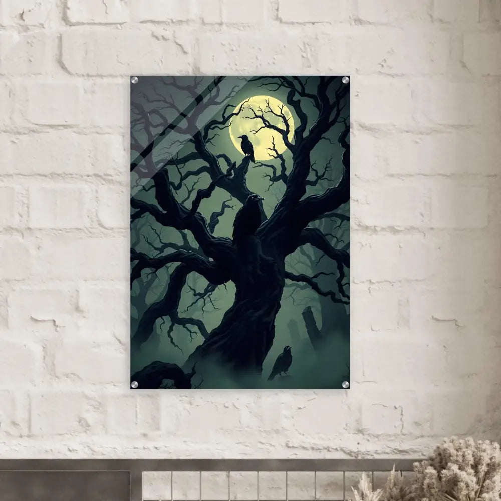 Spooky tree with crows under a full moon displayed on Acrylic Print Watcher of the Crooked Moon PixiOnyx Ghostglass Edition