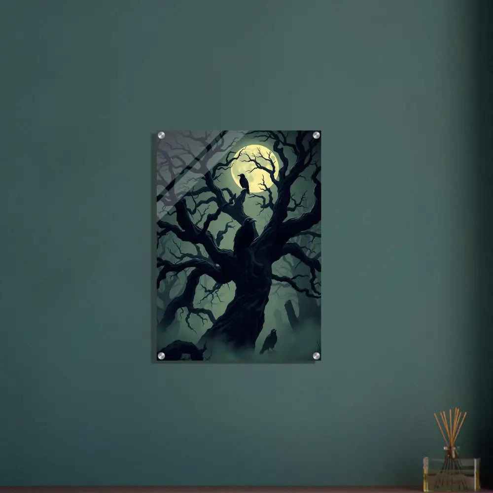 Spooky tree with crows acrylic print Watcher of the Crooked Moon PixiOnyx Ghostglass Edition