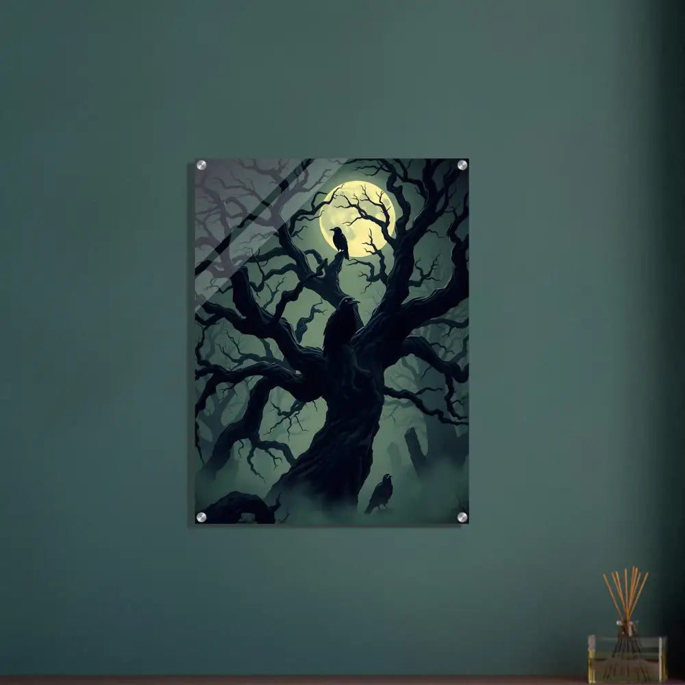 Acrylic print Watcher of the Crooked Moon featuring a spooky tree with crows under a full moon