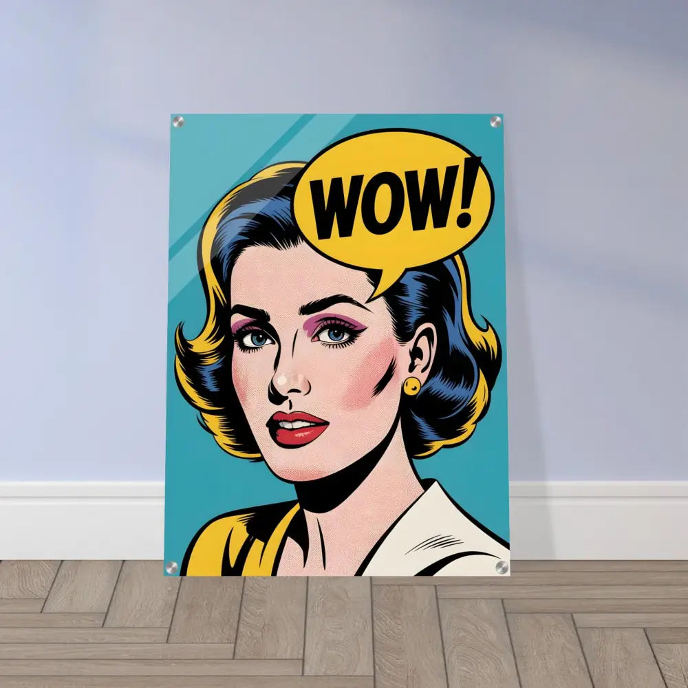 Acrylic print featuring a pop art woman with WOW speech bubble in vivid colors
