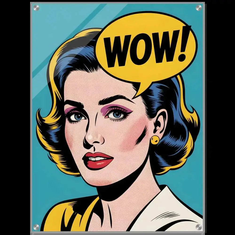 Pop art style woman with WOW speech bubble on glossy acrylic glass print