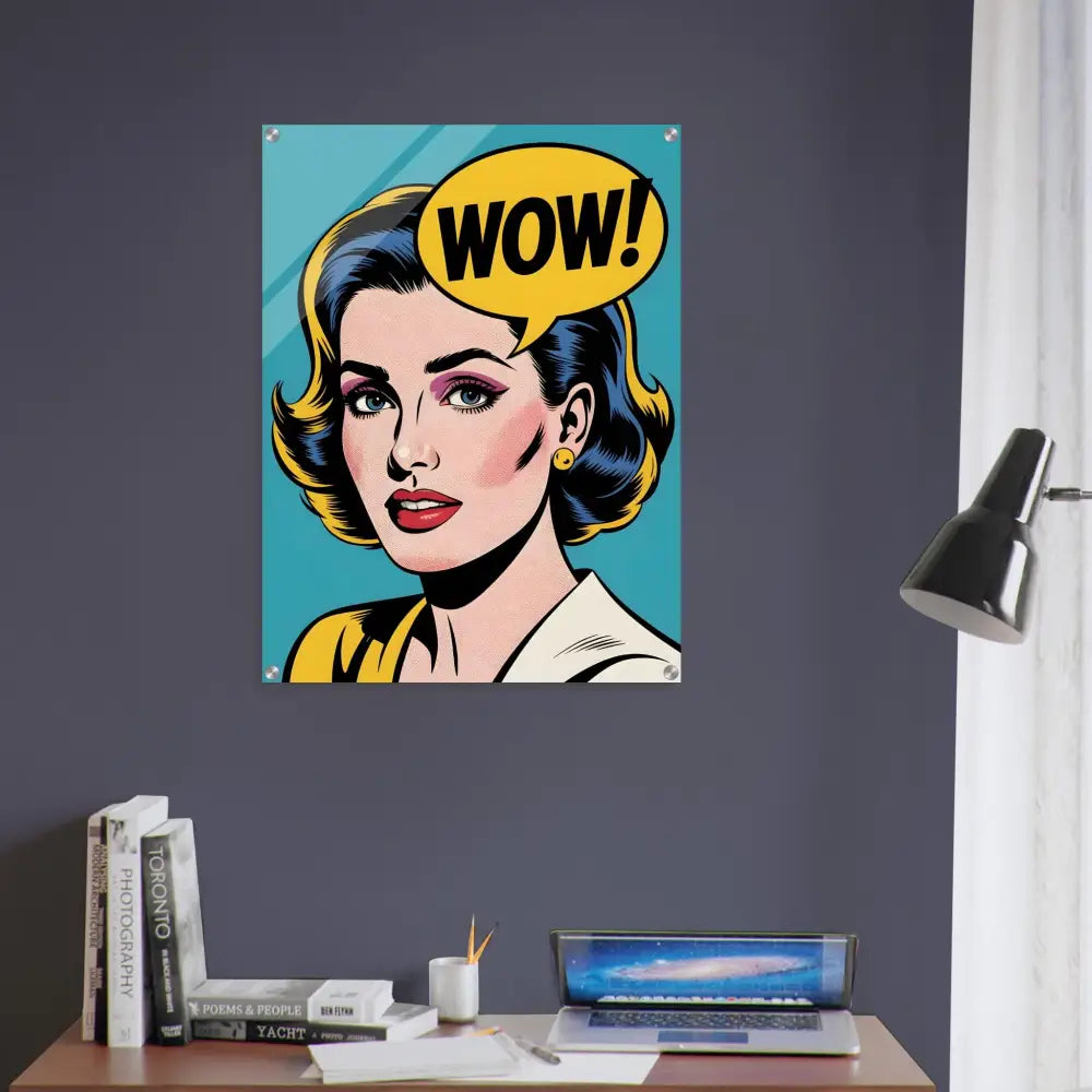 Acrylic print featuring a pop art woman with WOW! speech bubble in vivid colors