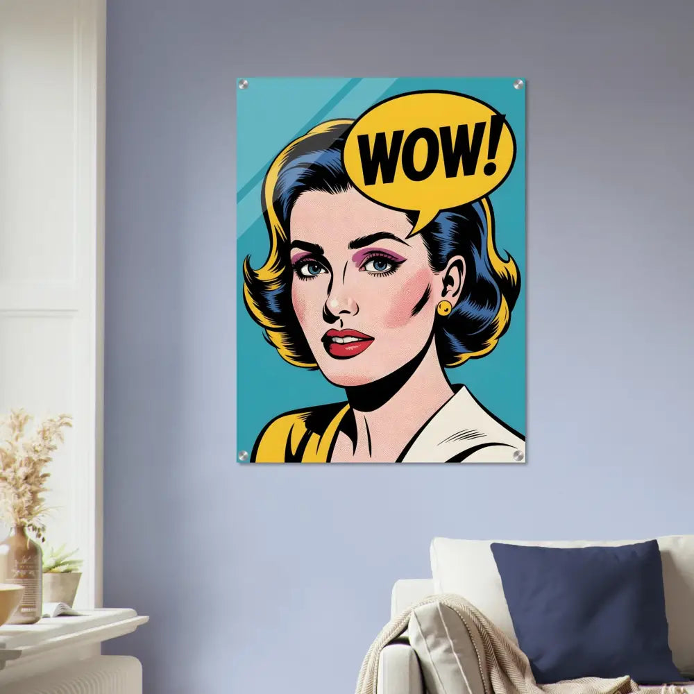 Acrylic print of a pop art woman with WOW speech bubble in PixiOnyx Ultra-Vivid Glass Pop