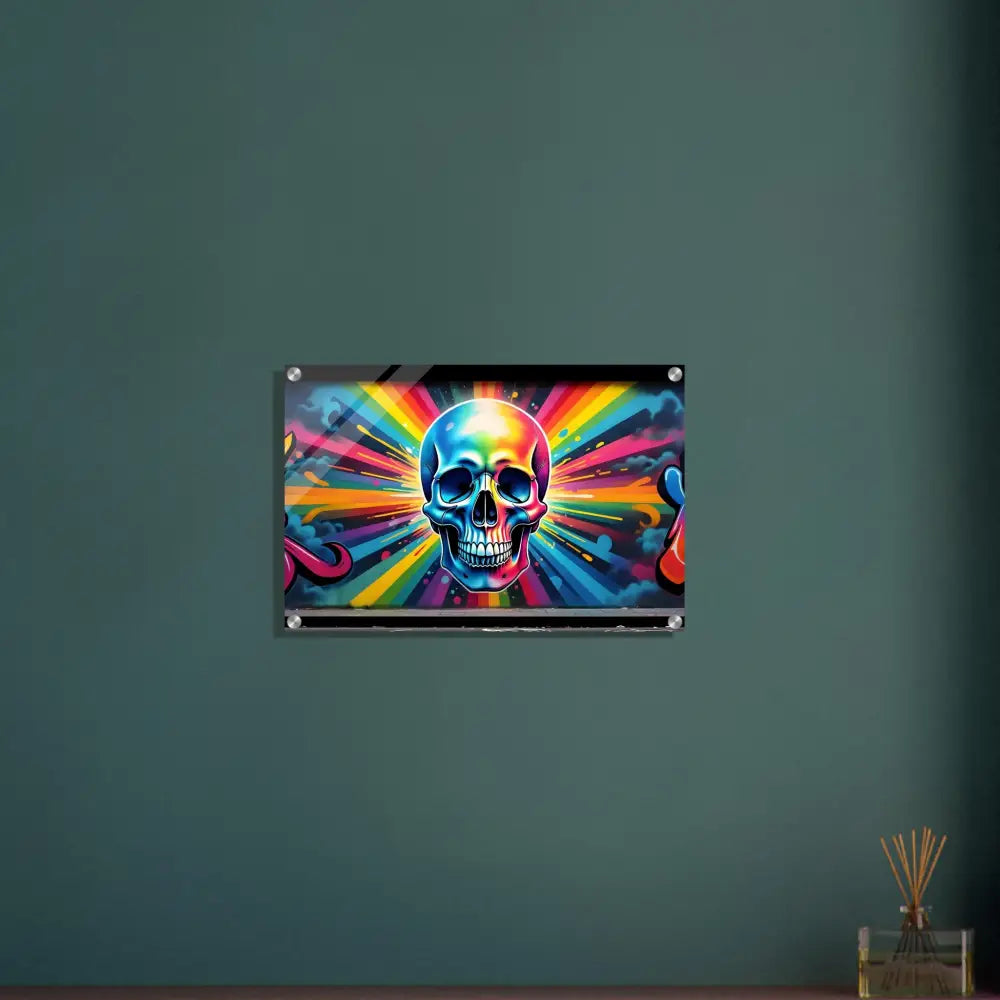 Colorful neon graffiti skull explosion artwork for acrylic wall decor at PixiOnyx Luxe