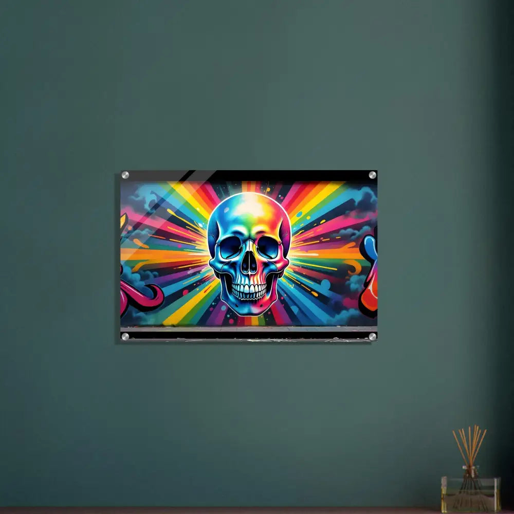 Colorful skull art displayed on Acrylic Skullburst Wall Art Neon Graffiti Skull Explosion