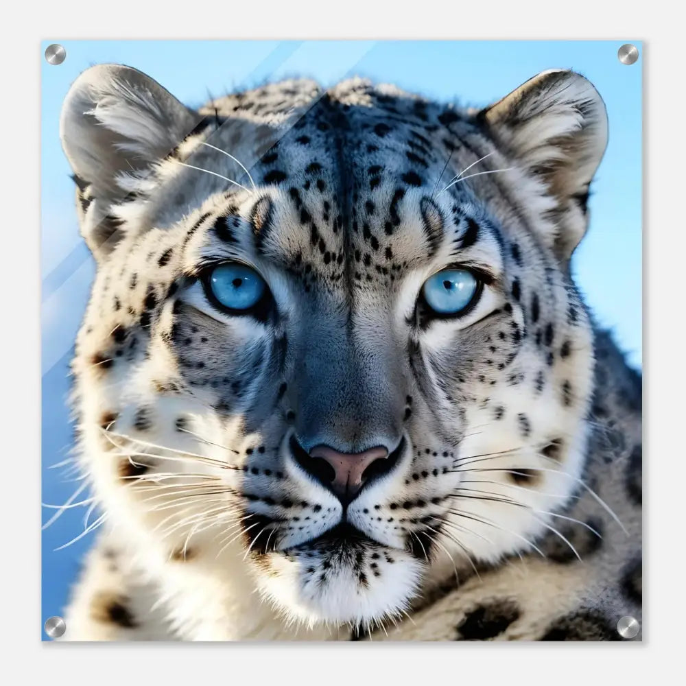 Striking Snow Leopard Portrait Acrylic Art in Glacier Gaze Display by PixiOnyx Crystal