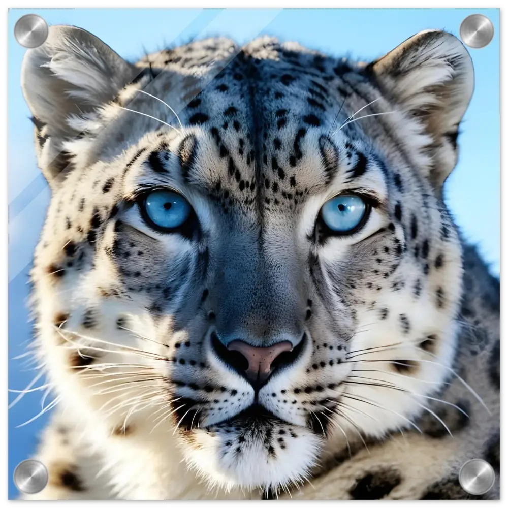 Intense blue-eyed snow leopard portrait on Acrylic Snow Leopard Glacier Gaze PixiOnyx