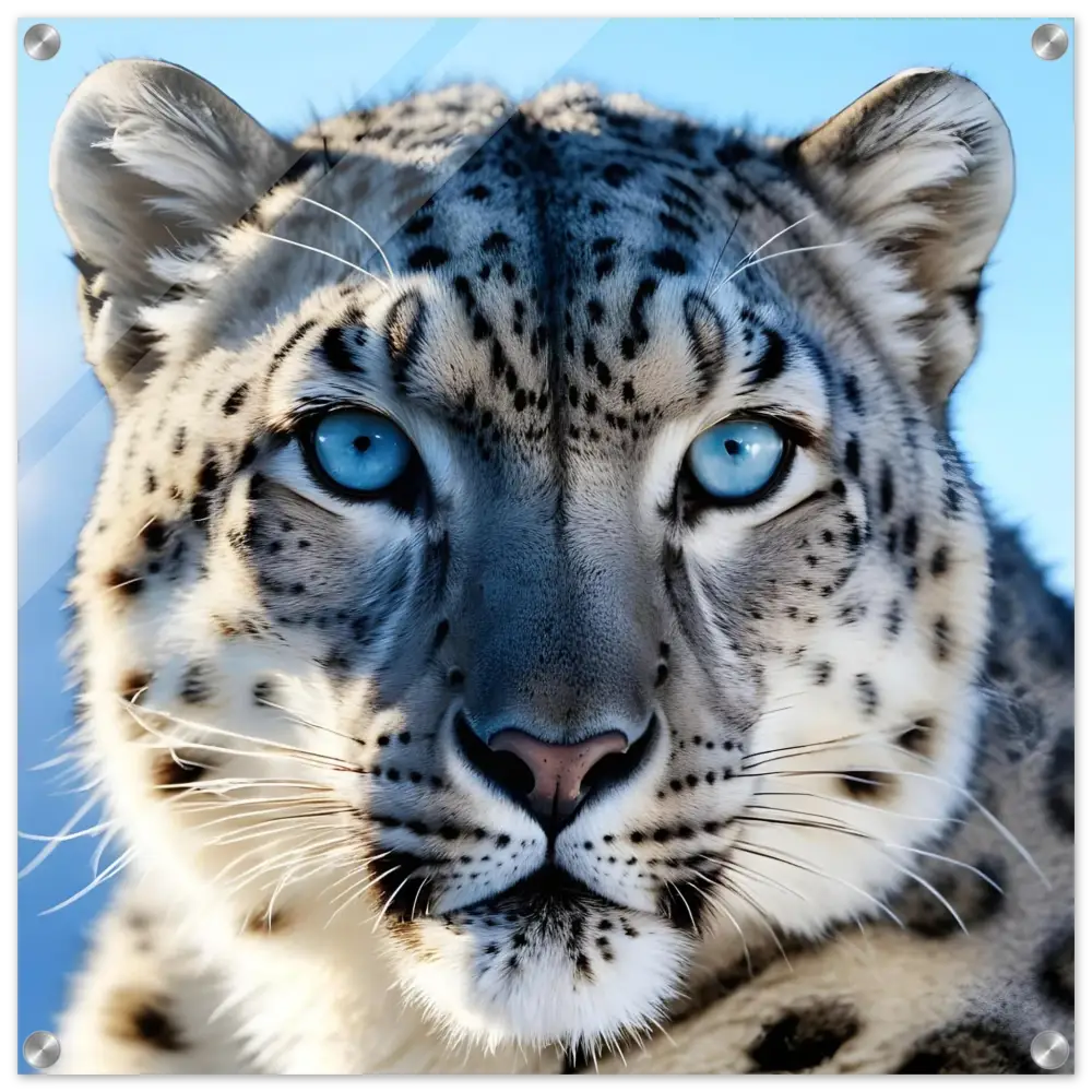 Intense snow leopard portrait displayed on Acrylic Snow Leopard Glacier Gaze PixiOnyx Crystal