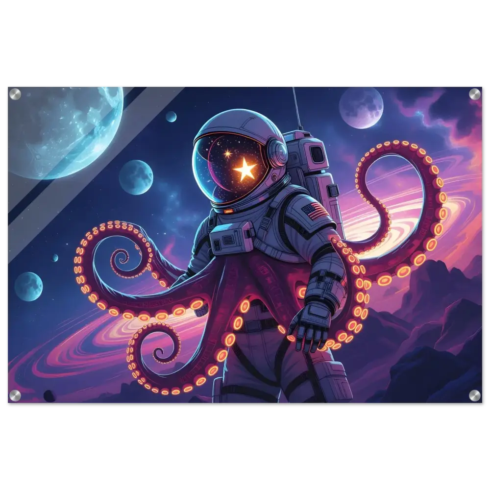 Acrylic Space Octonaut Panel featuring astronaut octopus artwork in a surreal galaxy design