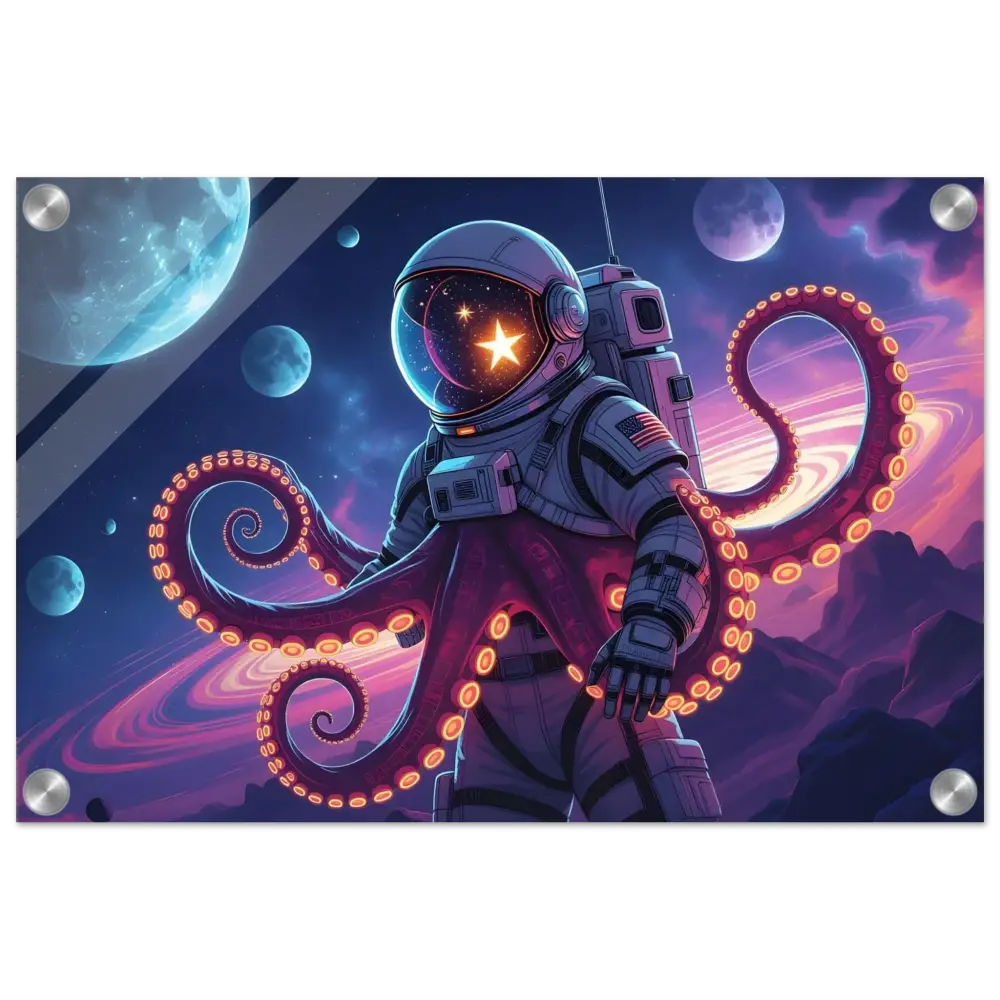 Astronaut with octopus tentacles on Acrylic Space Octonaut Panel by PixiOnyx Cosmic Clarity