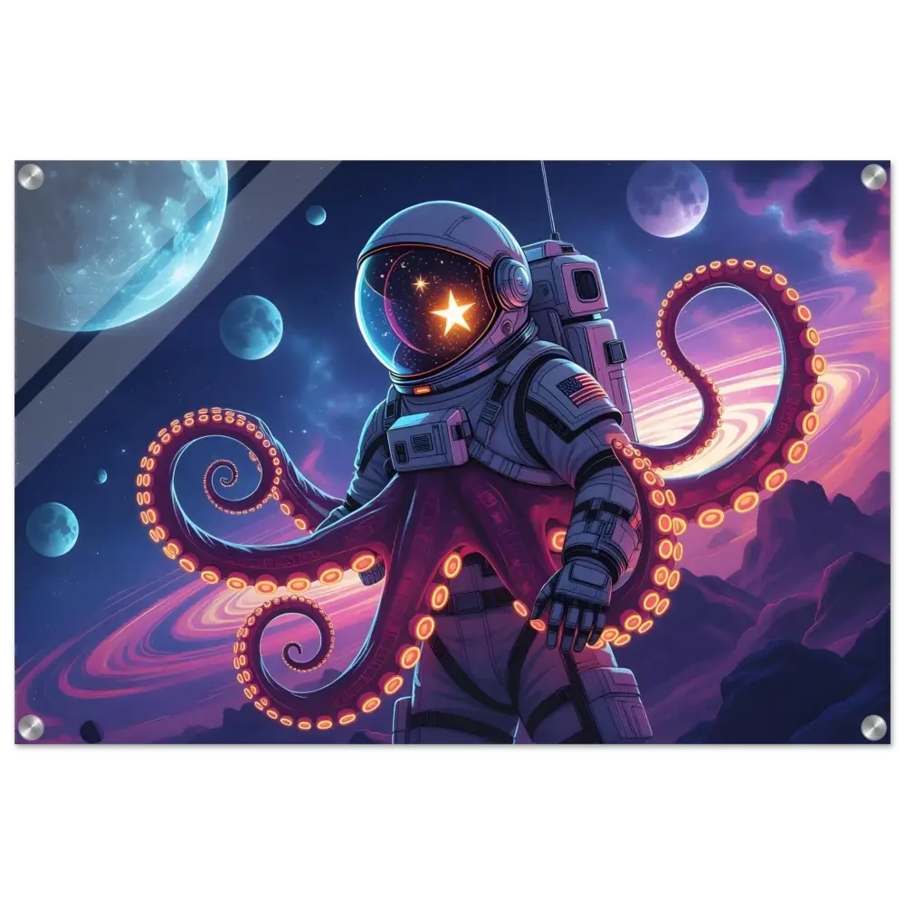 Framed astronaut octopus art from PixiOnyx Cosmic Clarity acrylic space octonaut panel