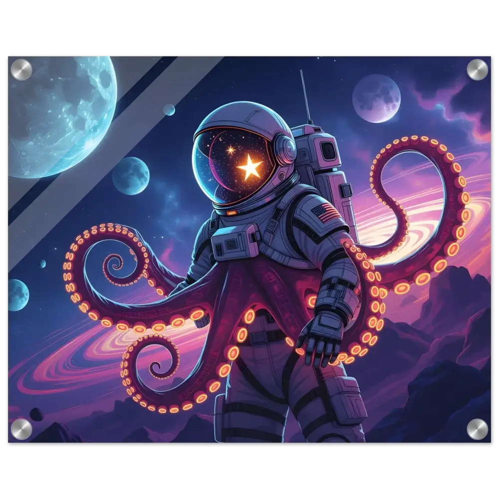 Acrylic Space Octonaut Panel featuring astronaut octopus with glowing tentacles for cosmic decor