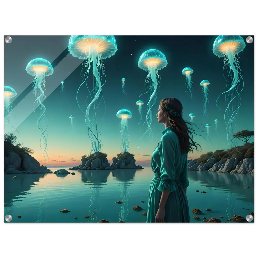 Framed jellyfish landscape art featuring surreal lagoon glow in acrylic turquoise ascension display