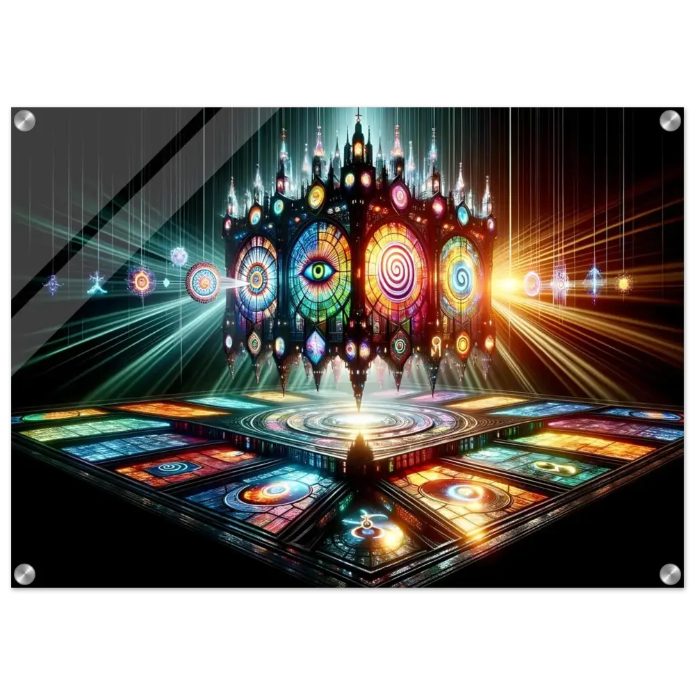 Colorful ornate stained-glass castle displayed on Acrylic Vision Temple Crystal Light Panel