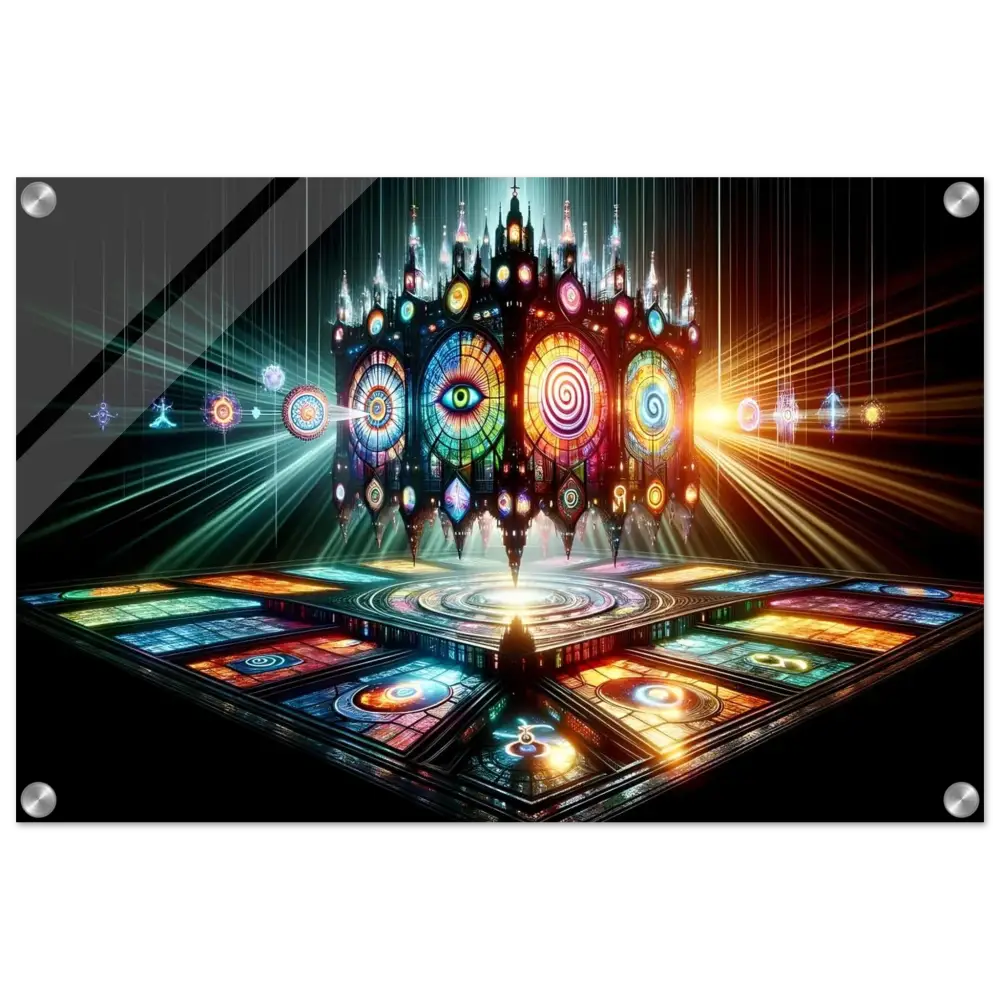 Colorful ornate stained-glass structure in Acrylic Vision Temple PixiOnyx Crystal Light Panel