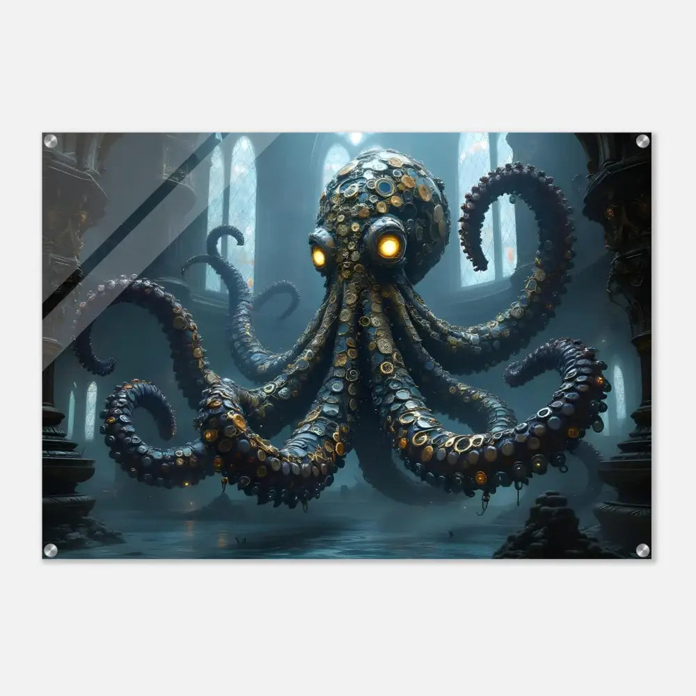 Steampunk-style octopus acrylic wall art Clocktopus Cathedral Sentinel by PixiOnyx