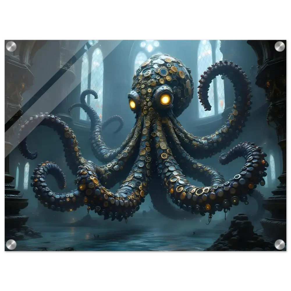 Steampunk-style octopus with glowing eyes on Acrylic Wall Art Clocktopus Cathedral Sentinel