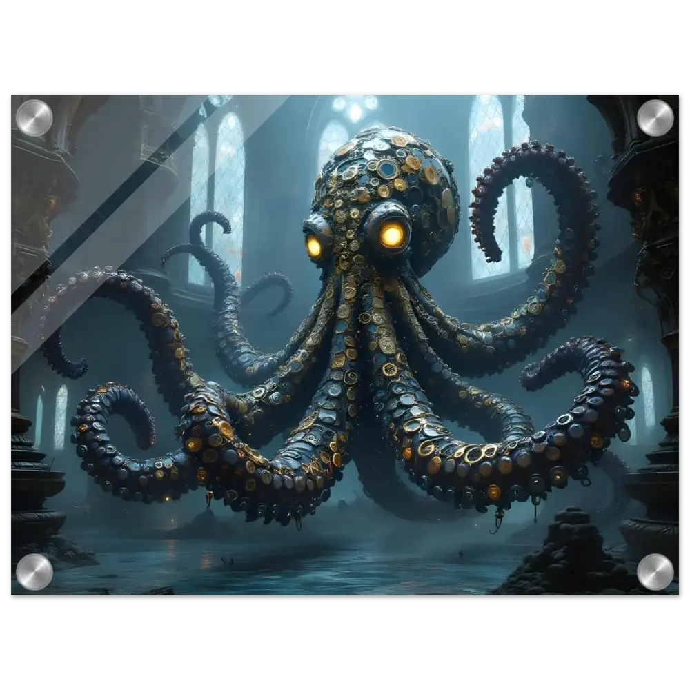 Steampunk-style octopus with glowing eyes on Acrylic Wall Art Clocktopus Cathedral Sentinel