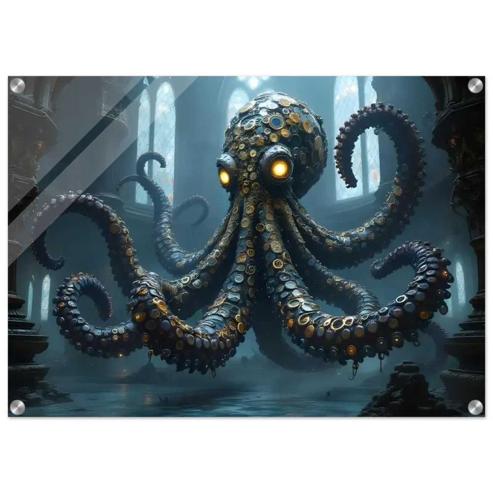 Steampunk-style octopus with glowing eyes acrylic wall art Clocktopus Cathedral Sentinel