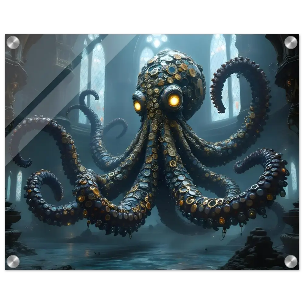 Steampunk octopus with glowing eyes acrylic wall art Clocktopus Cathedral Sentinel PixiOnyx
