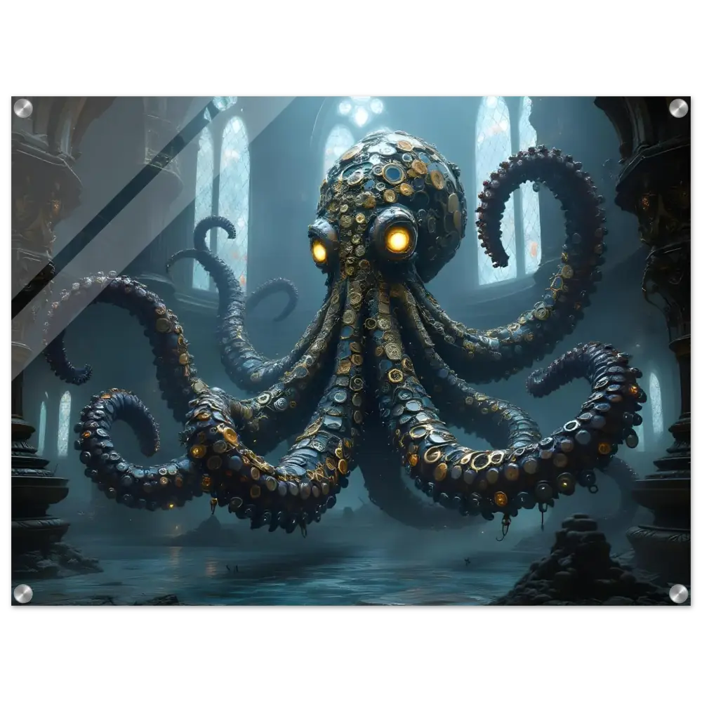 Steampunk-style octopus acrylic wall art in Clocktopus Cathedral Sentinel design