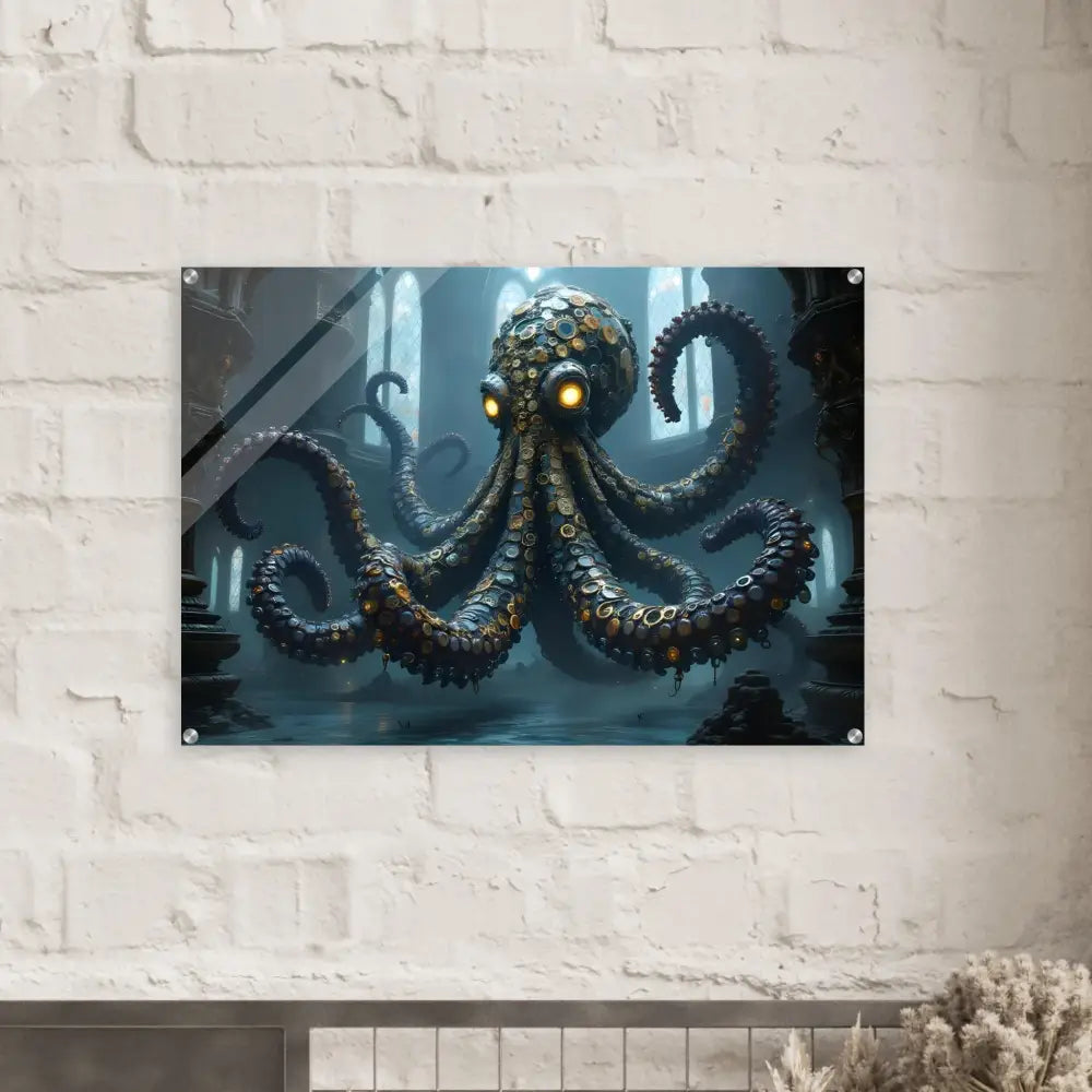 Steampunk-style octopus artwork on Acrylic Wall Art Clocktopus Cathedral Sentinel PixiOnyx