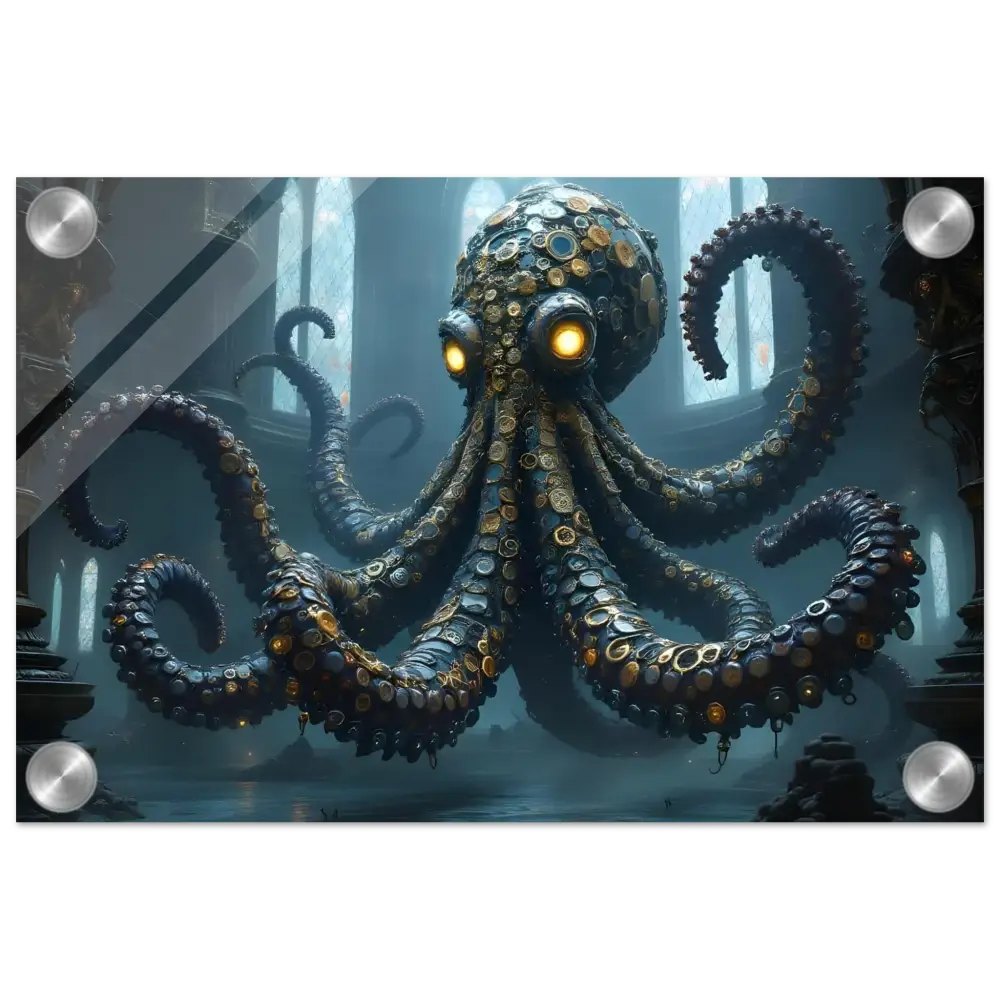 Ornate steampunk octopus acrylic wall art for Clocktopus Cathedral Sentinel by PixiOnyx
