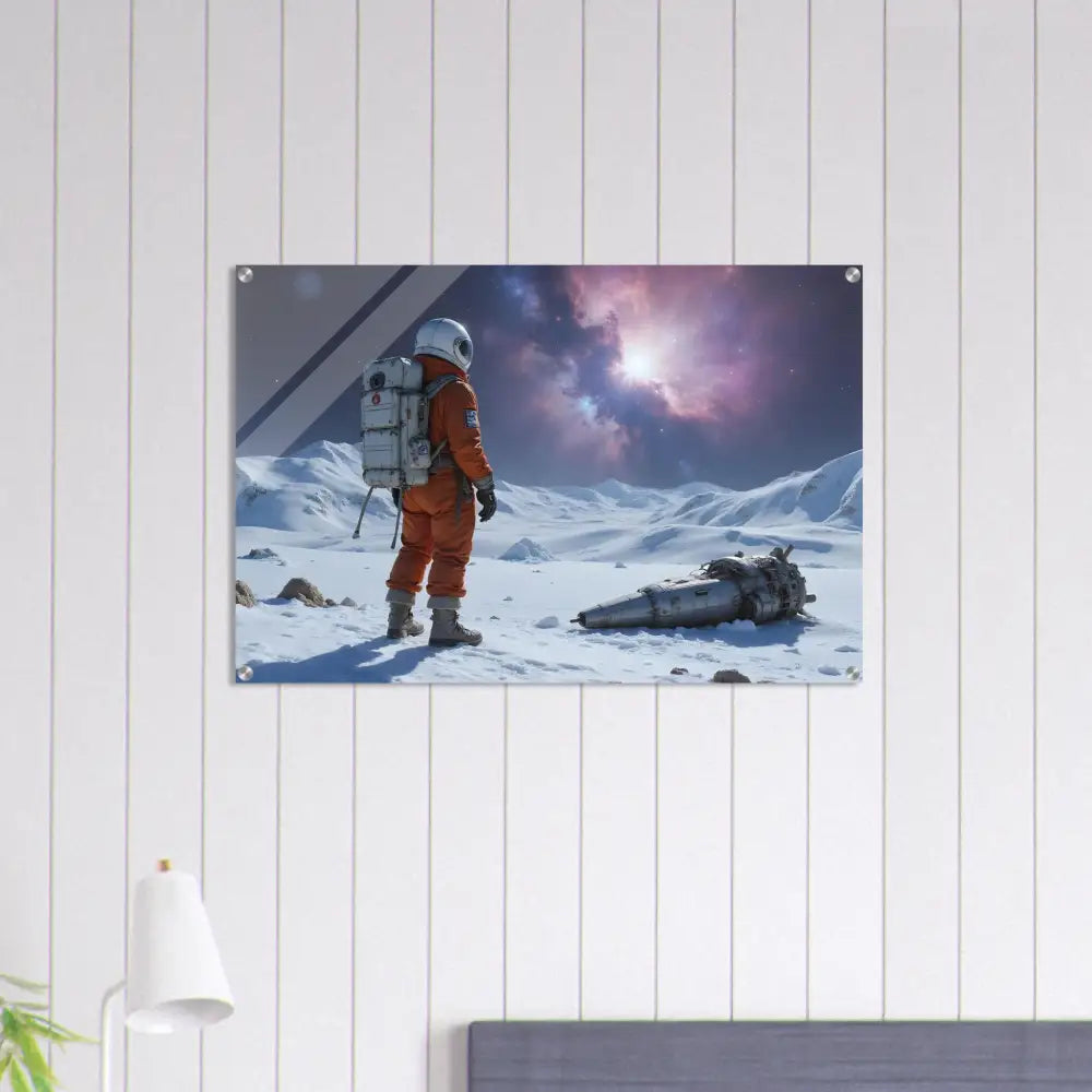 Acrylic wall art of a crashed astronaut scene on glass print by PixiOnyx