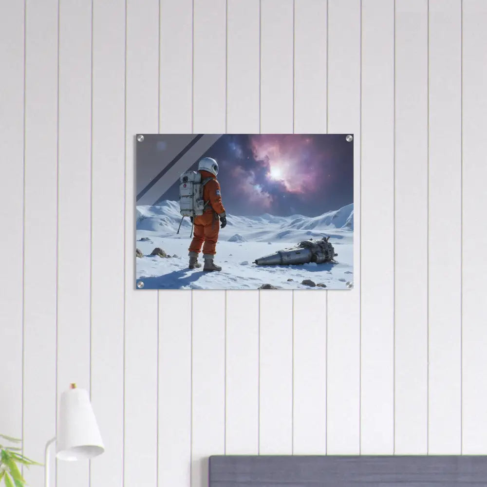 Acrylic wall art featuring a crashed astronaut scene by PixiOnyx Glass Print
