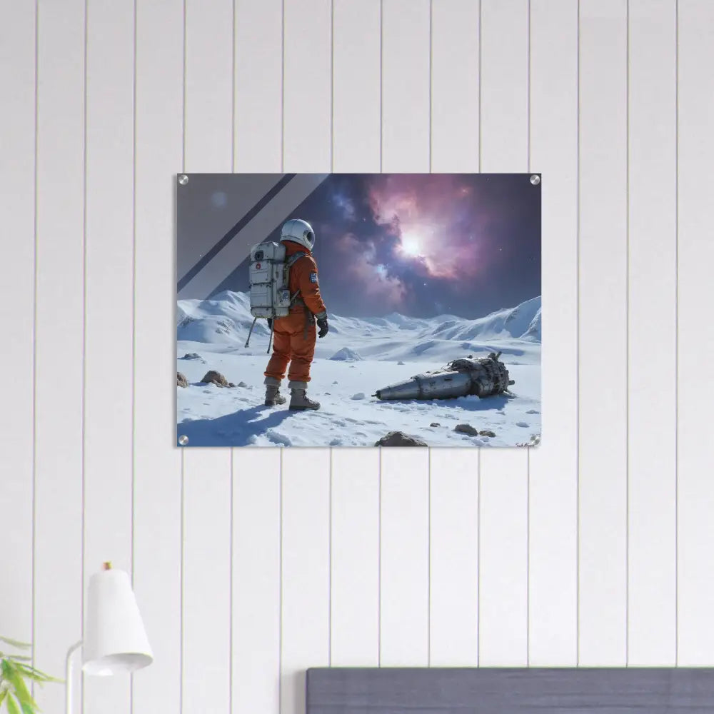 Acrylic wall art depicting a crashed astronaut on a snowy planet scene