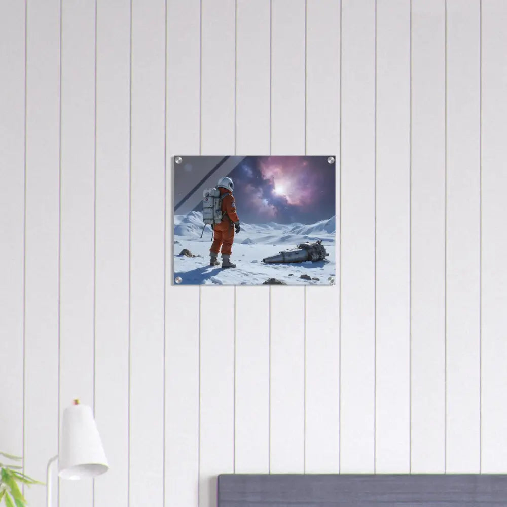 Acrylic wall art featuring a crashed astronaut scene and framed spacecraft artwork