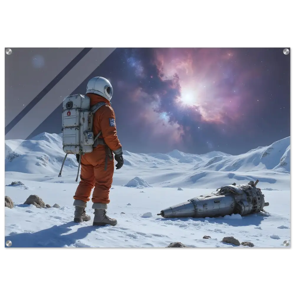 Framed astronaut on snowy planet scene acrylic wall art PixiOnyx Glass Print